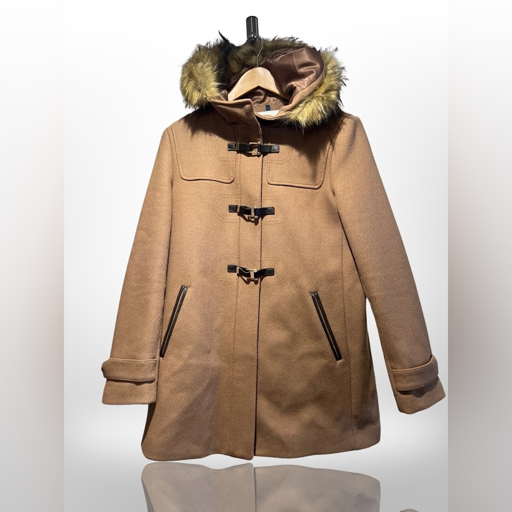 Cole Haan Signature Tan Wool Blend Coat w/ Faux Fur hood & Vegan Leather Detail